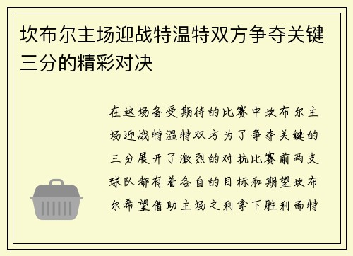 坎布尔主场迎战特温特双方争夺关键三分的精彩对决