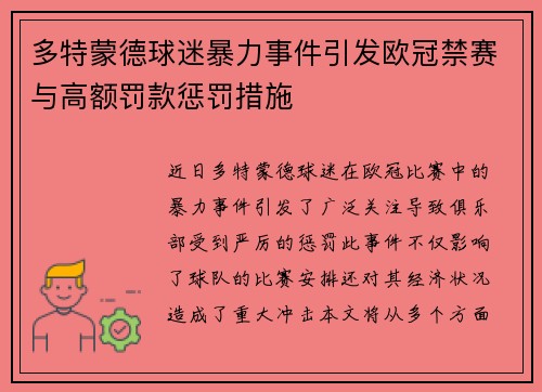 多特蒙德球迷暴力事件引发欧冠禁赛与高额罚款惩罚措施