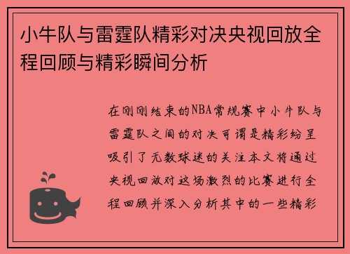 小牛队与雷霆队精彩对决央视回放全程回顾与精彩瞬间分析
